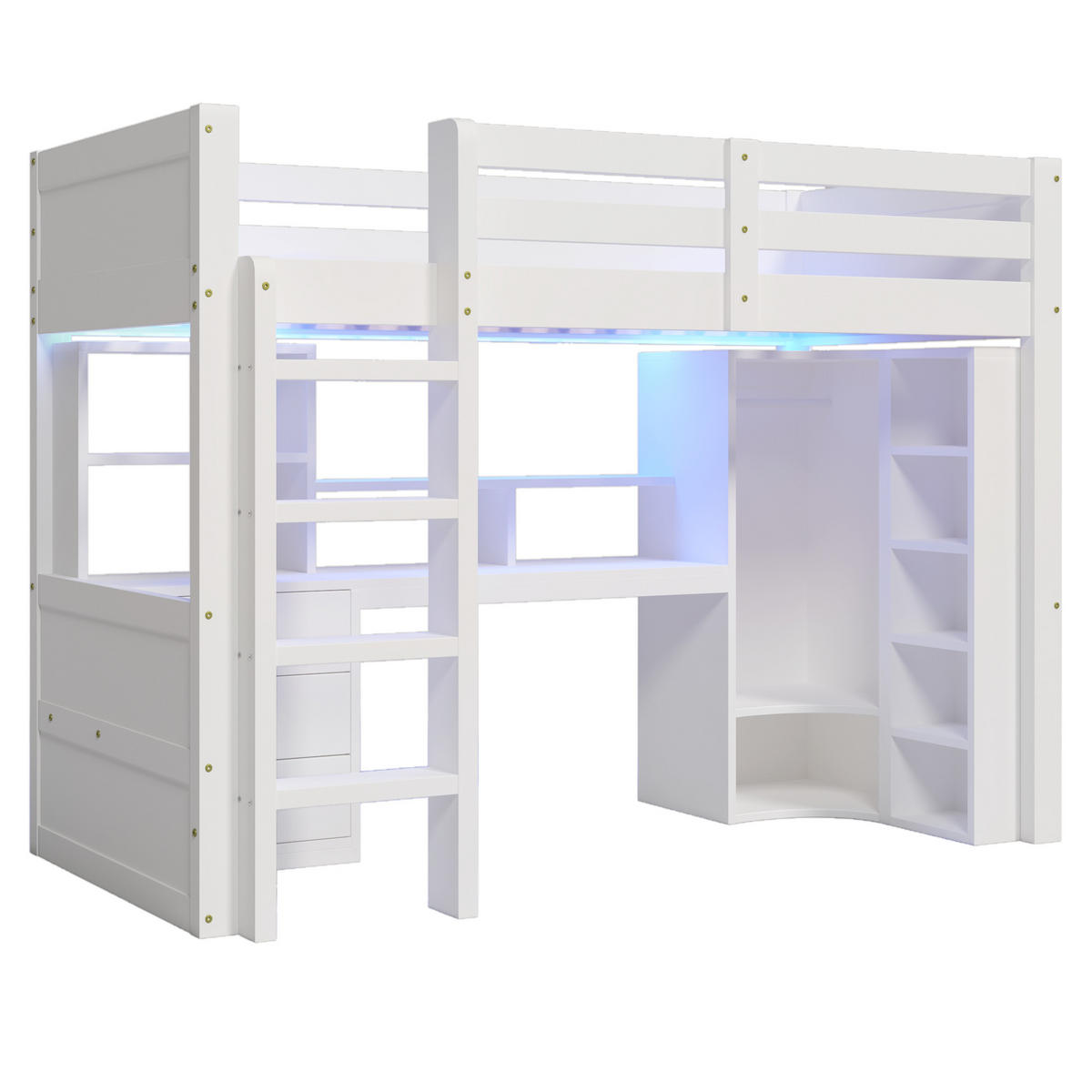 HOCHBETT 90x200cm Weiß LED-Licht Kleiderschrank Schreibtisch Schubladen - Weiß, Holz (90/200cm) - FLIEKS