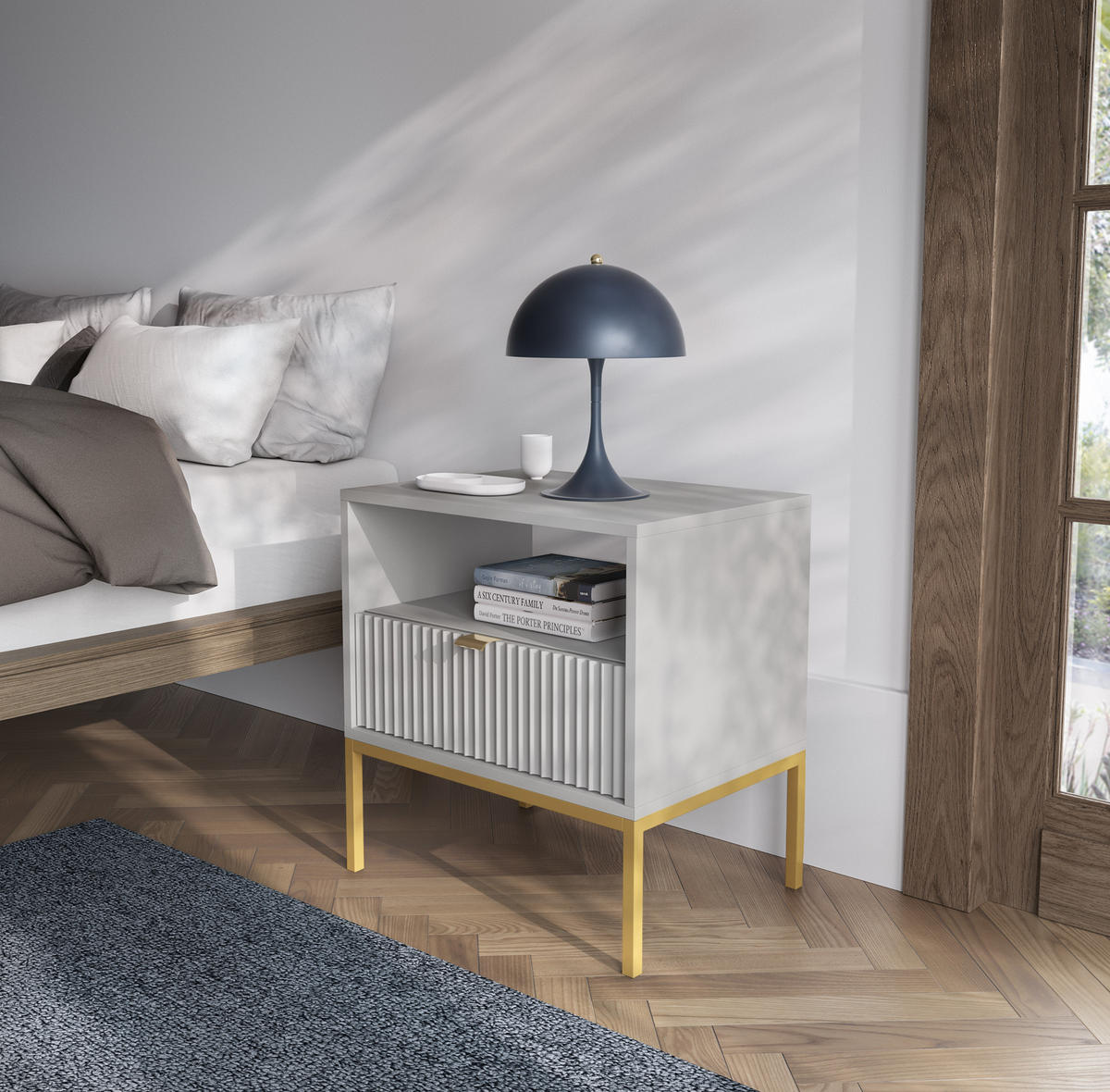 NACHTTISCH Nova - NOC, Geriffelte Front mit Goldenes Griffdesign 54x39x56 cm Grau - Goldfarben/Graphitfarben, Holzwerkstoff/Kunststoff (54/56/39cm) - DomoHome