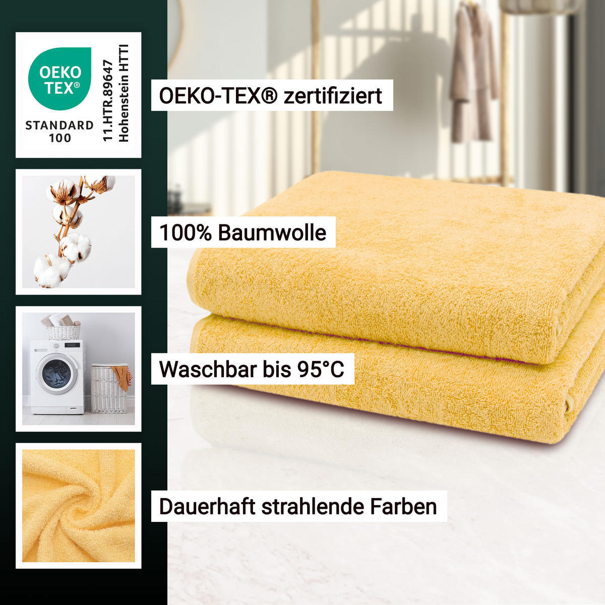 BADETUCH, 2er-Set, 100x150 cm, 100% Baumwolle, Gelb - Gelb, Textil (100/150cm) - Zollner