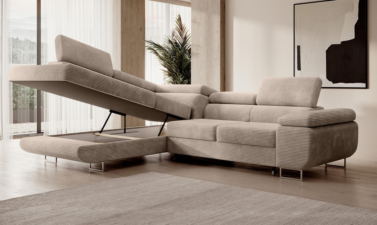 ECKSOFA Stevil Dunkelbeige Cordbezug - Silberfarben/Mokka, Textil/Metall (275/203cm) - Selsey