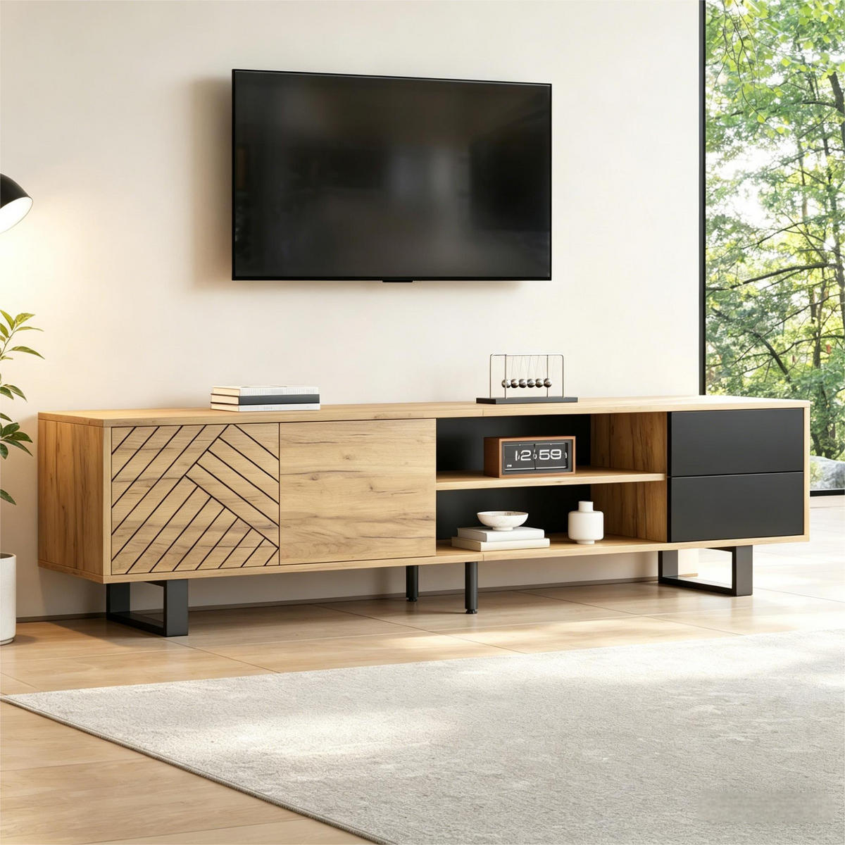TV-ELEMENT180X40X50CM Holzoptik Lowboard mit Metallbeinen für 75-Zoll - Schwarz, Holz (51/18.49/57.99cm) - Raelunyi