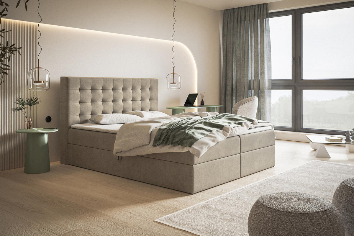 BOXSPRINGBETT 160x200 Jora mit Matratze H3, Bettkasten, Beige - Beige, Holz/Textil (160/200cm) - Emporius