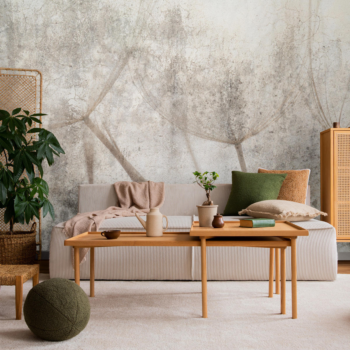 FOTOTAPETE für Wohnzimmer Zarter Skizze Löwenzahn Grauer Beton Minimalistisch 500x350 - Beige/Braun, Papier (500/350cm) - Muralo