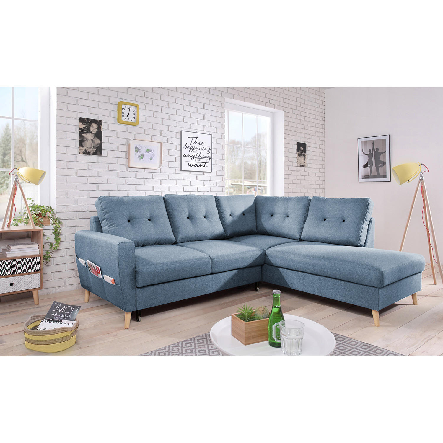 ECKSOFA mit Ottomane - Webstoff - Hellbraun/Grau, Textil (230/200cm) - home24