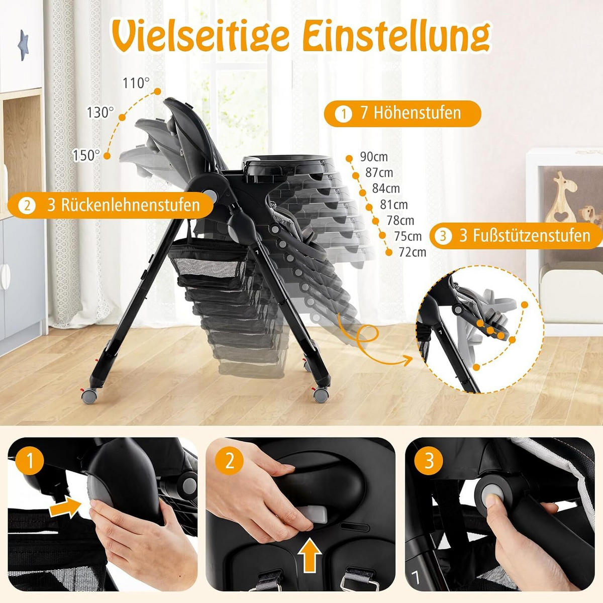 KINDERHOCHSTUHL Höhenverstellbar schwarz - Schwarz, Kunststoff (102/92/55cm) - COSTWAY