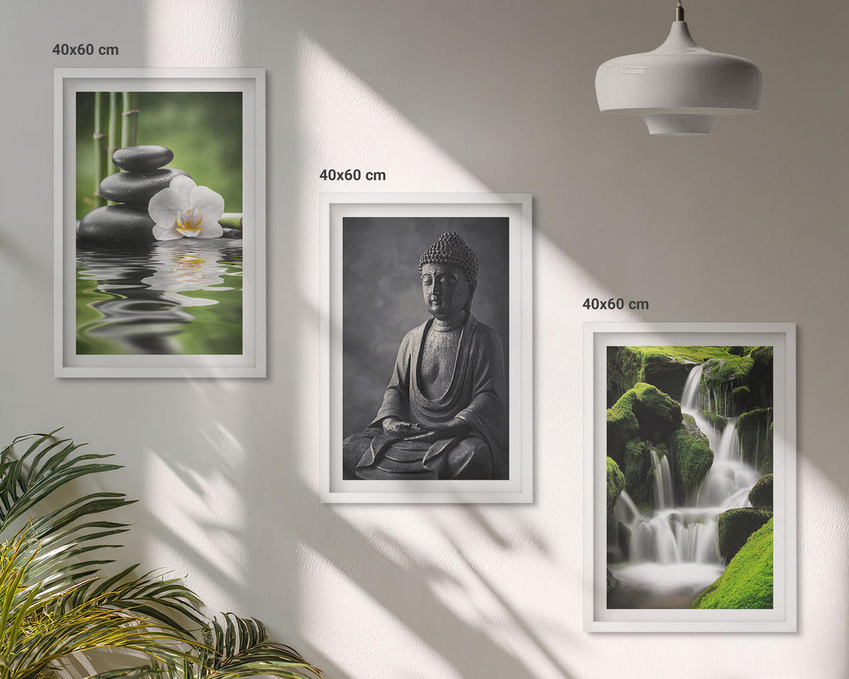 BILDER SET 3er Set - 40x60 cm Weißer Rahmen - Entspannende Zen-Wassermalerei - Weiß, Kunststoff (40/60cm) - TULUP
