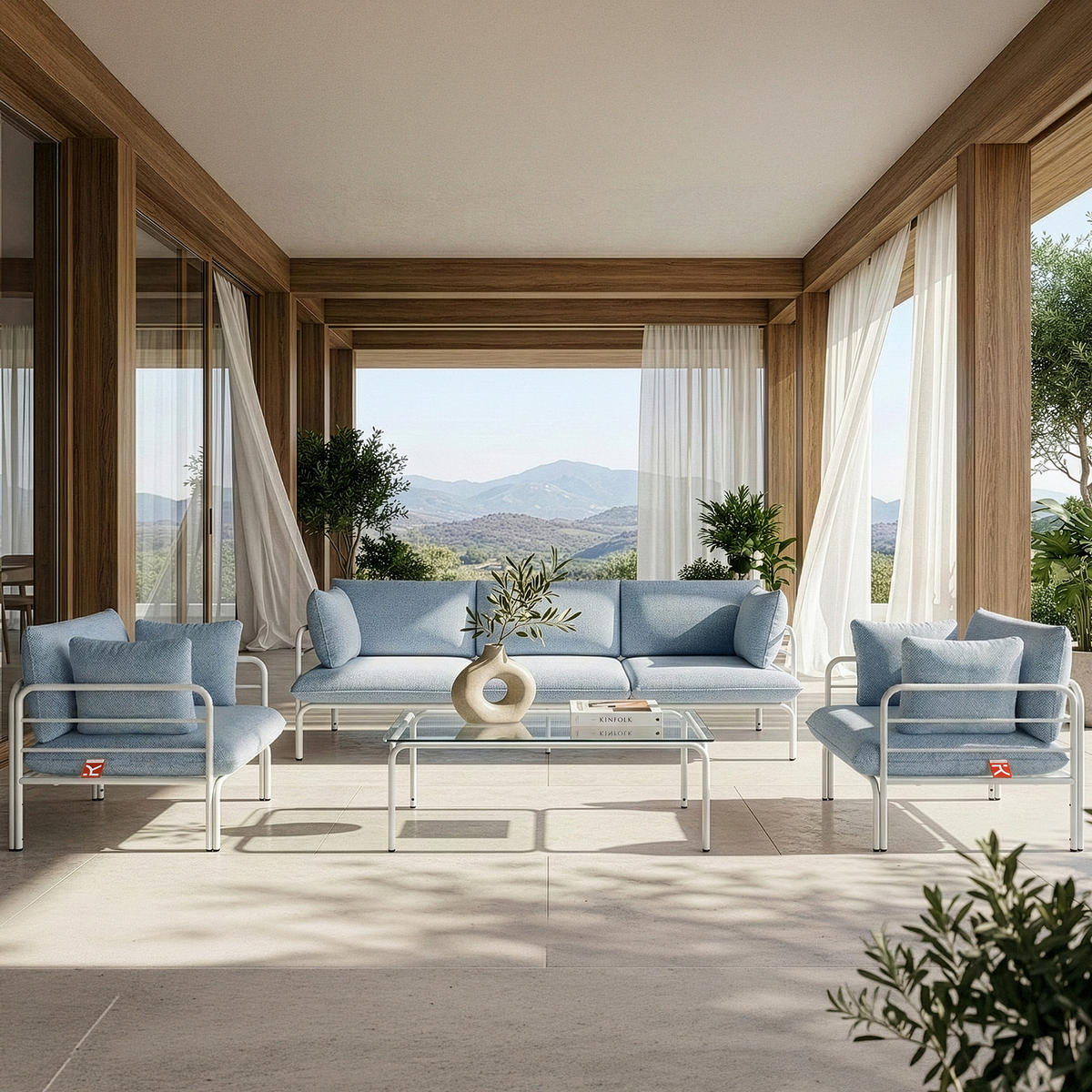 GARTENSOFA RAMBE 3-Personen mit Kissen, Weiß - Blau/Weiß, Textil/Metall (225/80/80cm) - KONSIMO®