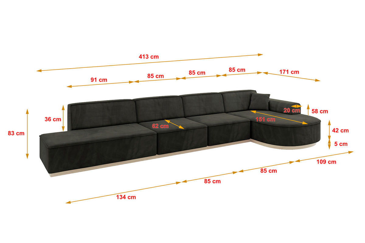 ECKSOFA Ottomane Rechts ARRIO-L3 - 413x171x83 cm Schwarz - Schwarz, Holzwerkstoff/Textil (413/171cm) - ALTDECOR