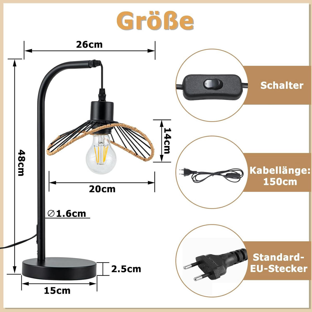 TISCHLEUCHTE BRYANT Ⅲ 15/20/48 cm - Schwarz, Metall (15/20/48cm) - Nettlife