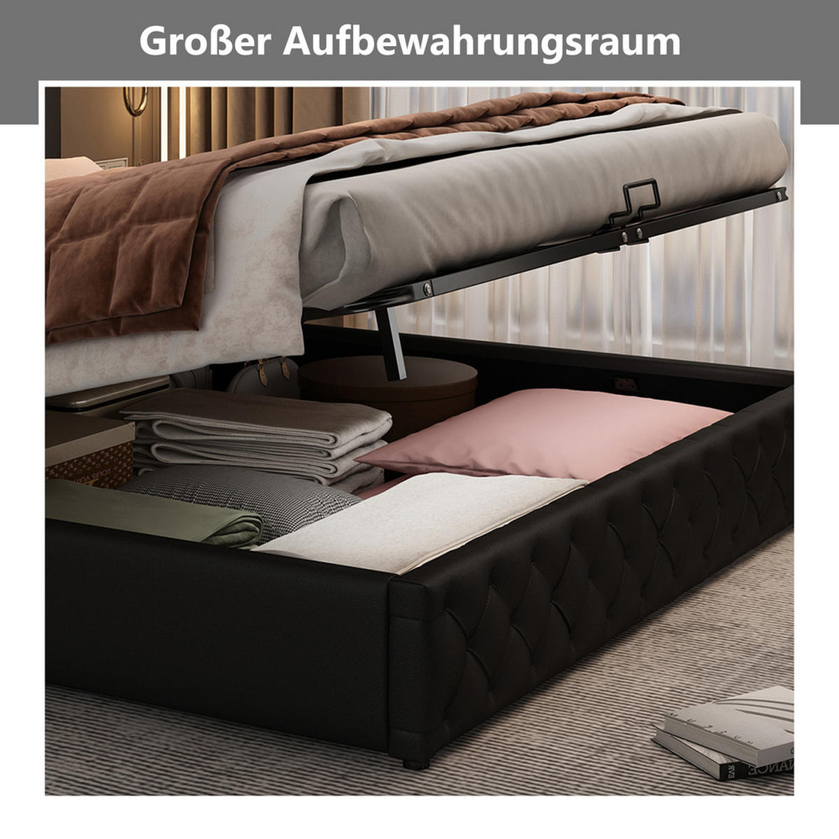 POLSTERBETT Funktionsbett PU 160x200 cm Schwarz Mit Stauraum und LED - Schwarz, Textil - Raelunyi