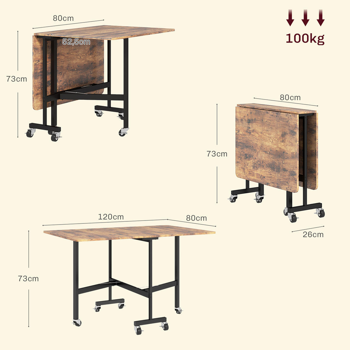 ESSTISCH DE-08453 6 Rollen & Bremsen für 6 Personen Braun - Braun, Holzwerkstoff (120/80/73cm) - ComfortXL