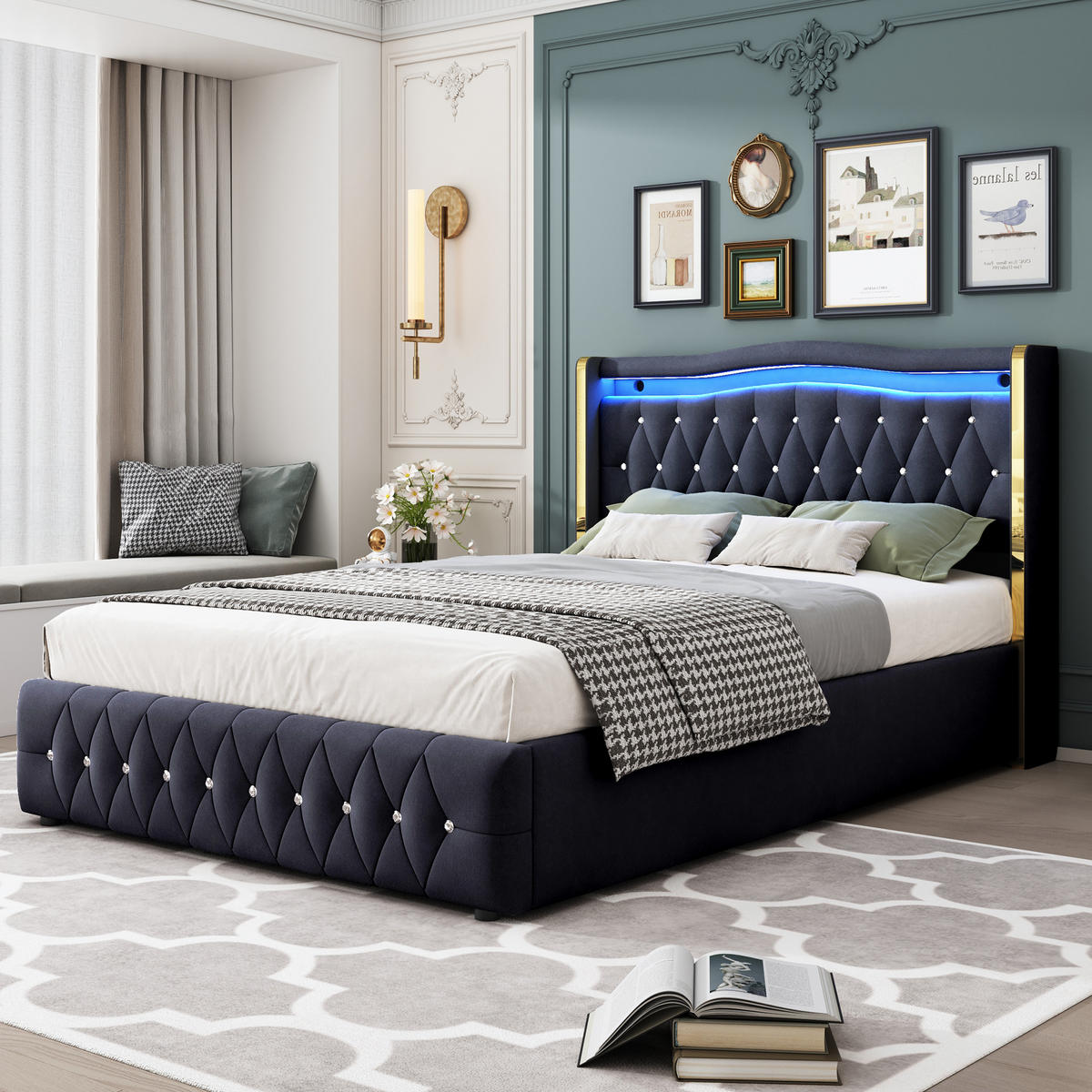 POLSTERBETT 140/200 cm schwarz mit farbwechselnder LED-Beleuchtung und hydraulischem Stauraum - Schwarz, Textil (140/200cm) - OKWISH