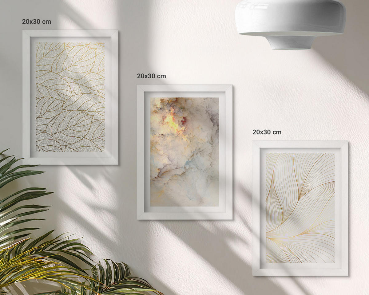 WANDBILDER 3er-Set - 20x30 cm Weißer Rahmen - Blättermuster Marmor abstrakt - Weiß, Kunststoff (20/30cm) - ArtPrintCave