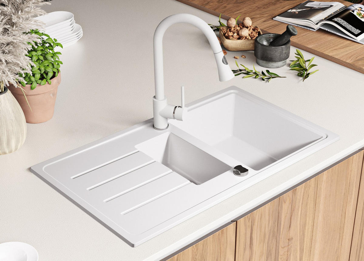 GRANITSPÜLE Kopenhagen Duo, 2-er set Alles Weiß 90/50 cm 1,5 Becken + Küchenarmatur 40/20 cm + Ablauf-Set ab 60er Unterschrank - Weiß, Kunststoff (90/19/50cm) - Primagran