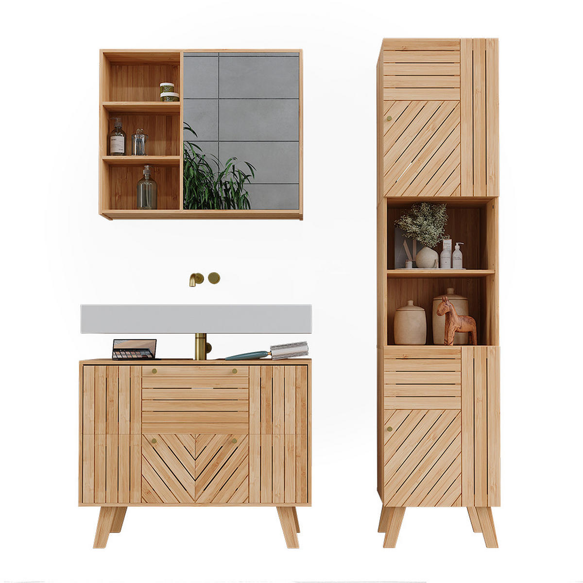 BADMÖBEL-SET Lucie Bambus 3 Teile - Grün, Holzwerkstoff (80/65/36cm) - Vicco