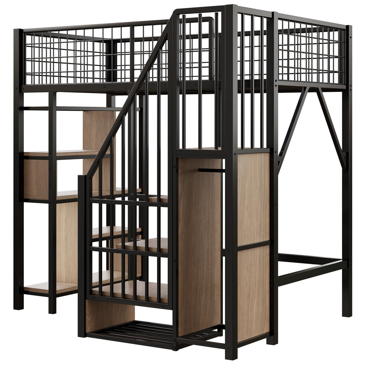 HOCHBETT 90/200 cm Schwarz aus Metall und Holzwerkstoff mit Stauraumtreppe - Schwarz, Metall (90/200cm) - OKMYHOME