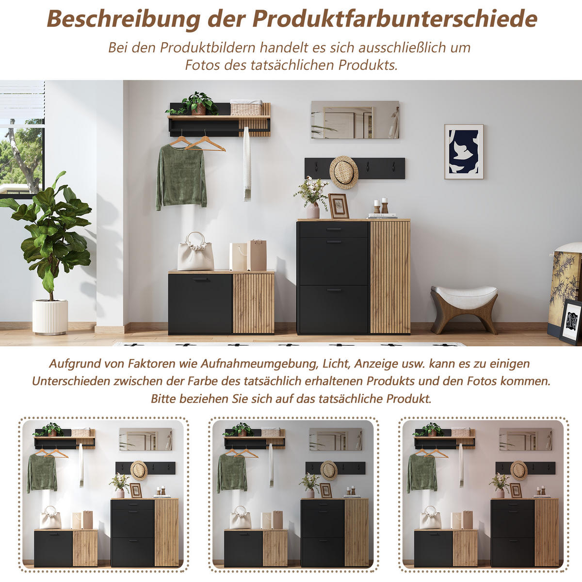 GARDEROBE-SET in Schwarz Schuhschrank mit Spiegel, Schuhschrank & Haken, Flurmöbel mit Stauraum, B120/T35/H180cm - Naturfarben, Holzwerkstoff/Metall (85/85/36cm) - STILVORA