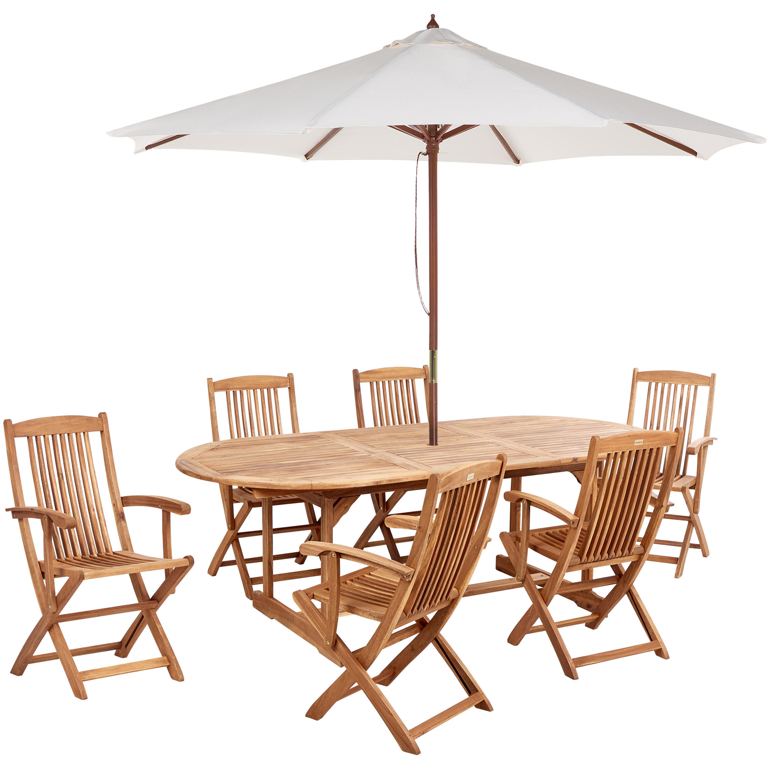 GARTENTISCH-SET 6-Sitzer Heller Holzfarbton mit Sonnenschirm Maui II - Hellbraun/Beige, Holz - Beliani