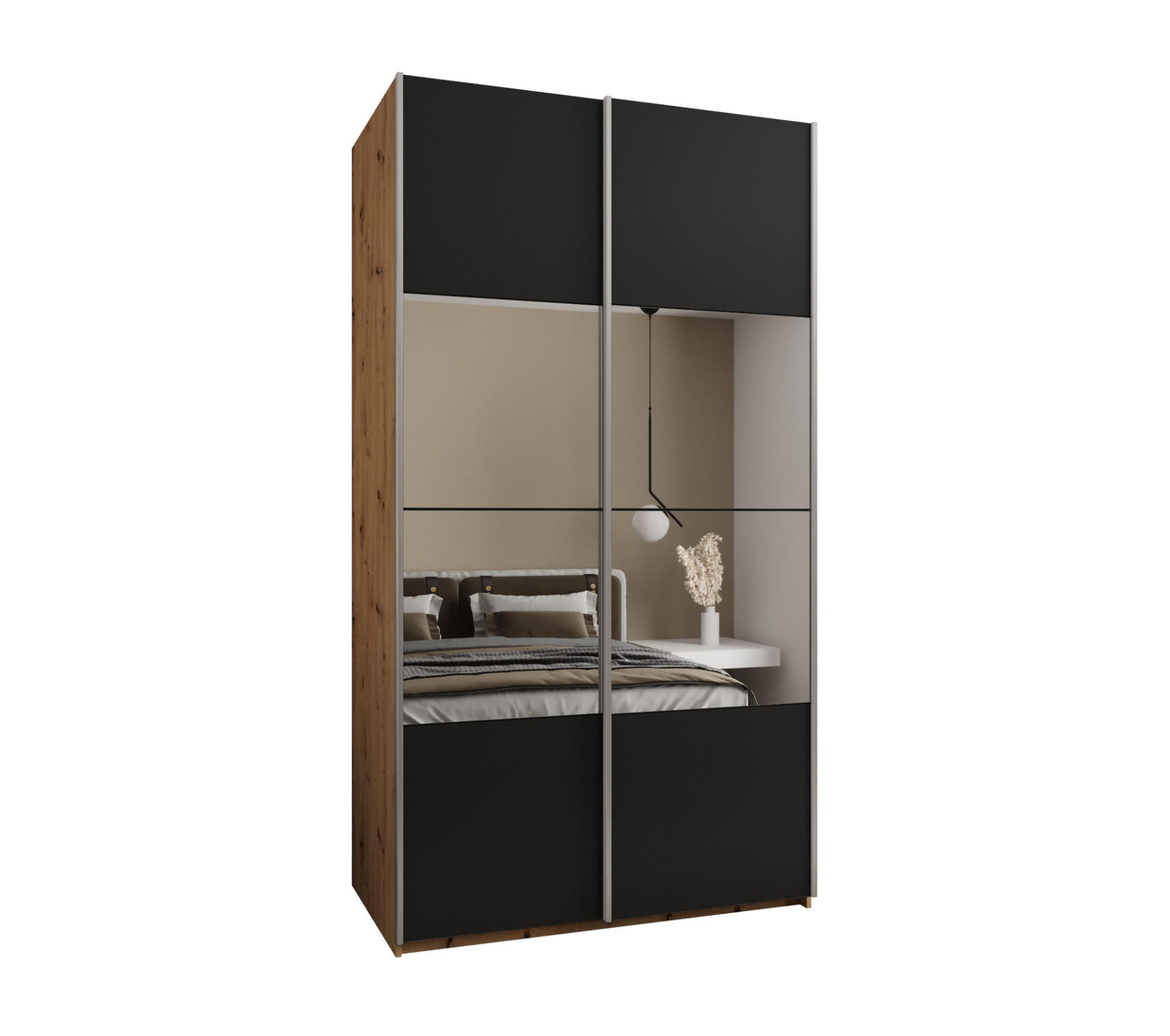 Abiks Möbel Schwebetürenschrank Eiche Artisan, Schwarz, Silber 140x245x64 cm