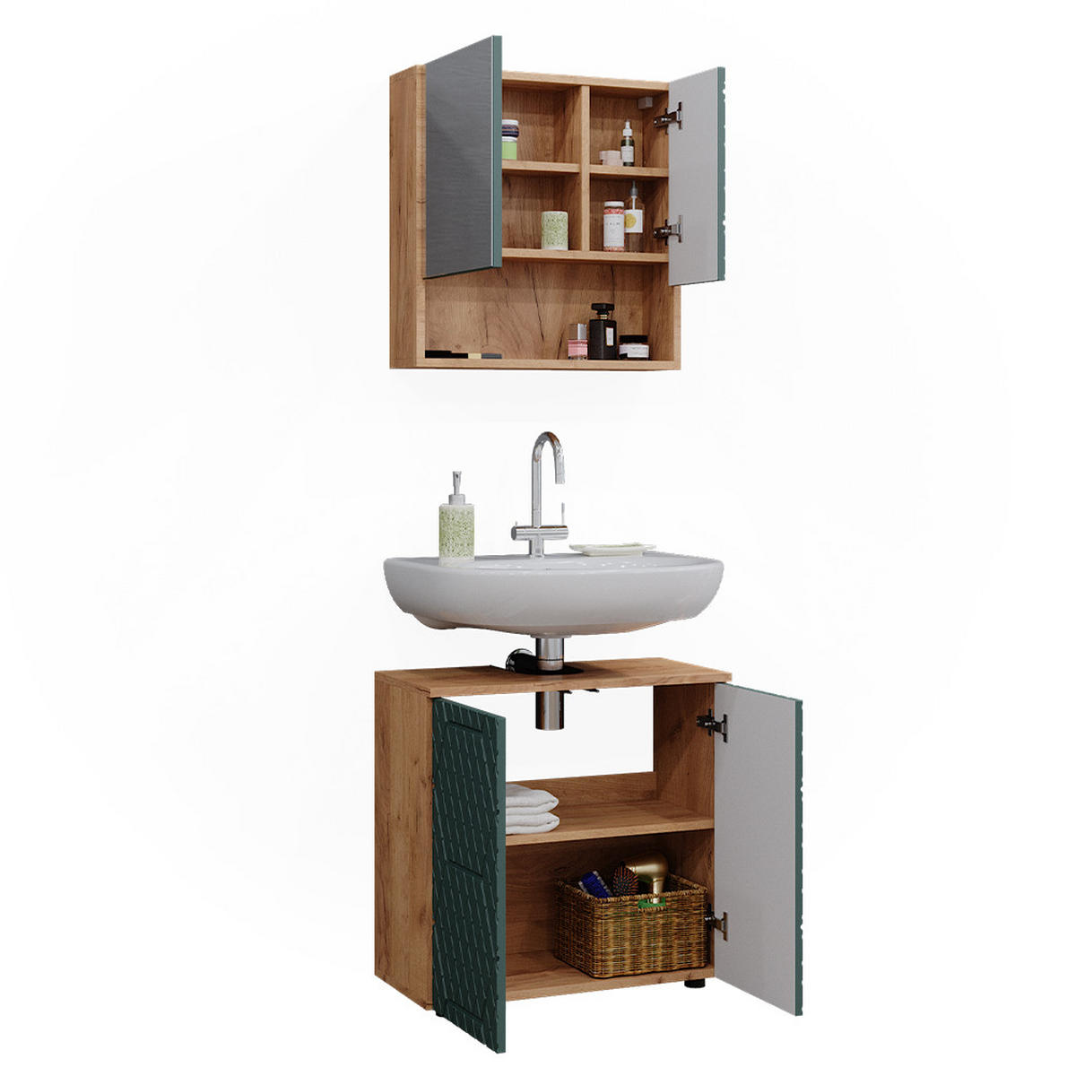 BADMÖBEL-SET Irma Grün 2 Teile, Unterschrank 60 cm - Eiche Wotan/Grün, Holzwerkstoff (80/58.6/41cm) - Vicco