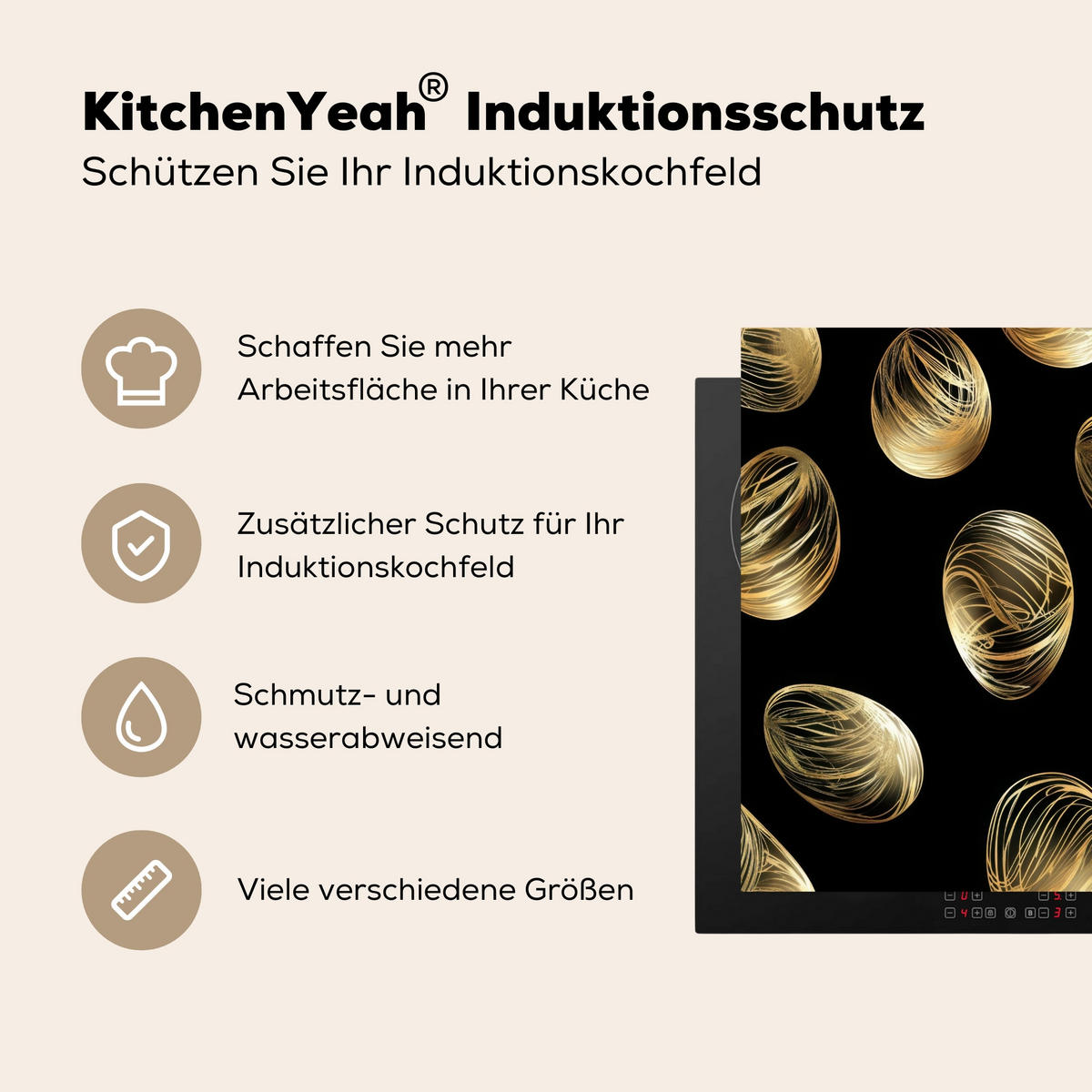 HERDABDECKPLATTE Eier - Gold - Muster Induktionsmatte 78x78 cm - Schwarz, Kunststoff (78/78/0.2cm) - MuchoWow