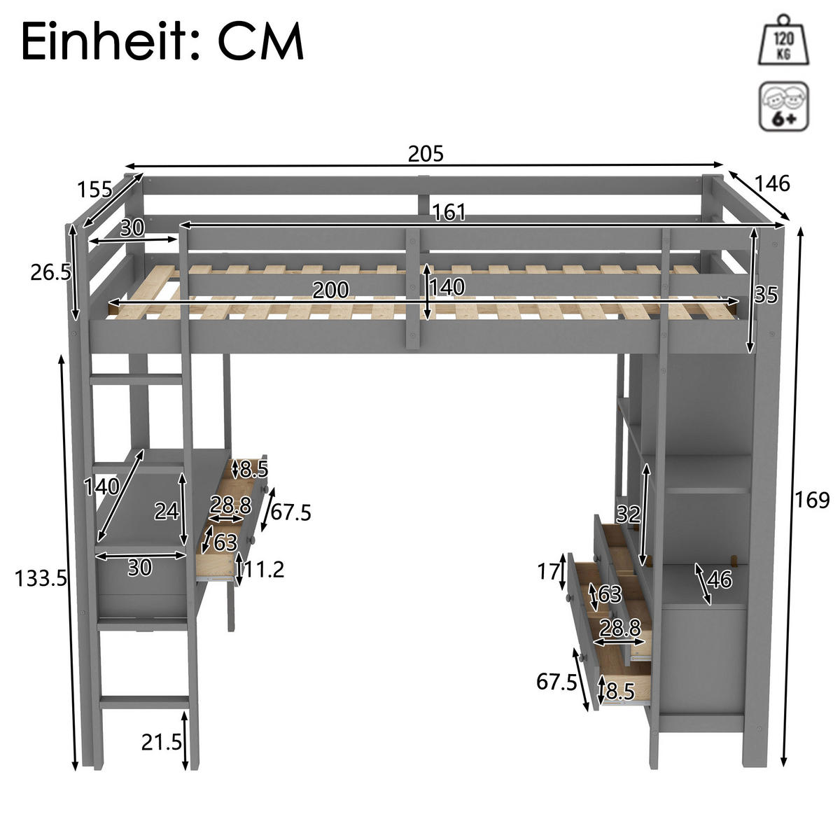 HOCHBETT 140/200 cm grau mit Stauraumschubladen und Unterbettschreibtisch - Grau, Holz (140/200cm) - OKWISH