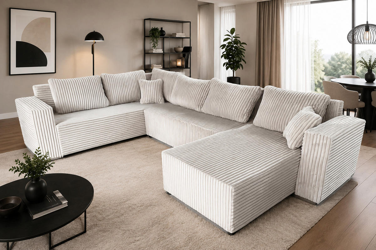 WOHNLANDSCHAFT Stylo U-Form mit Schlaffunktion & Bettkasten – Ecksofa in Cord Tilia – Breite 315 cm Beige - Beige, Kunststoff (314/90/215cm) - Wohnideebilder