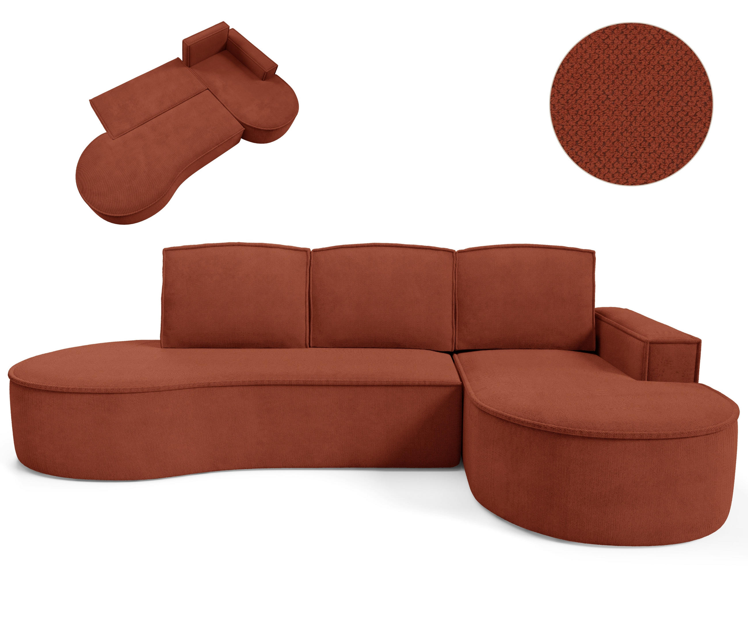 ECKSOFA MOLLY mit Schlaffunktion – Halbrund, freistehend, Liegefläche 140x207 cm, 3 Kissen, Curio-Stoff, 277x157x88 cm, Rechts, Braun - Rotbraun, Holz/Textil (277/157cm) - DomoHome