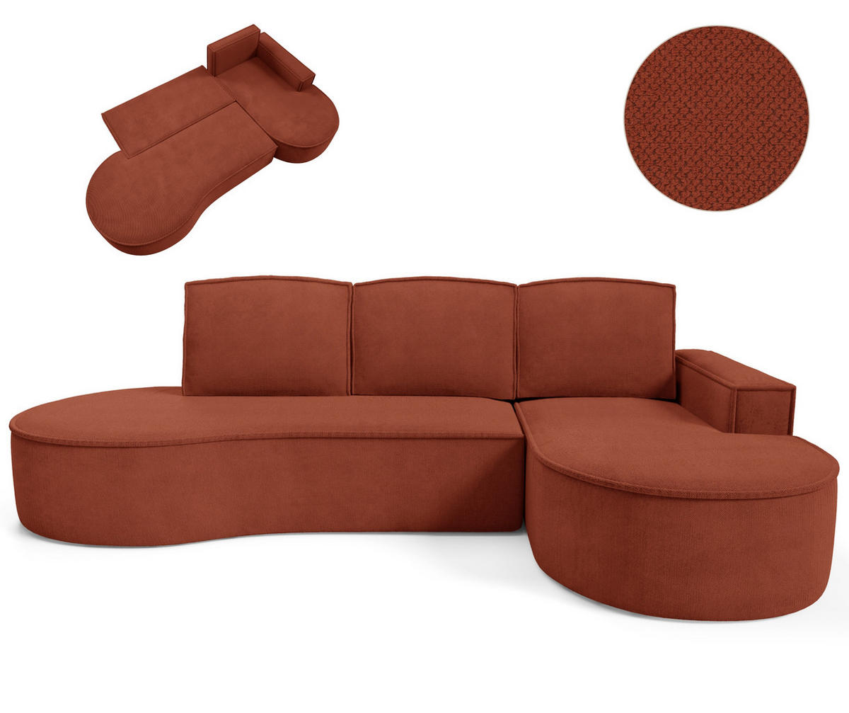 ECKSOFA MOLLY mit Schlaffunktion – Halbrund, freistehend, Liegefläche 140x207 cm, 3 Kissen, Curio-Stoff, 277x157x88 cm, Rechts, Braun - Rotbraun, Holz/Textil (277/157cm) - DomoHome