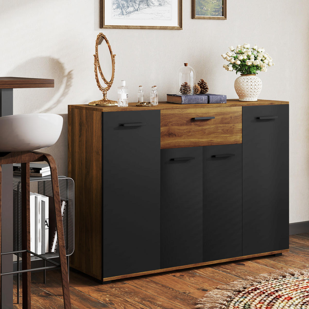 SIDEBOARD DE-11120 4 Türen Braun/Schwarz - Braun, Holzwerkstoff (120/85/35cm) - ComfortXL