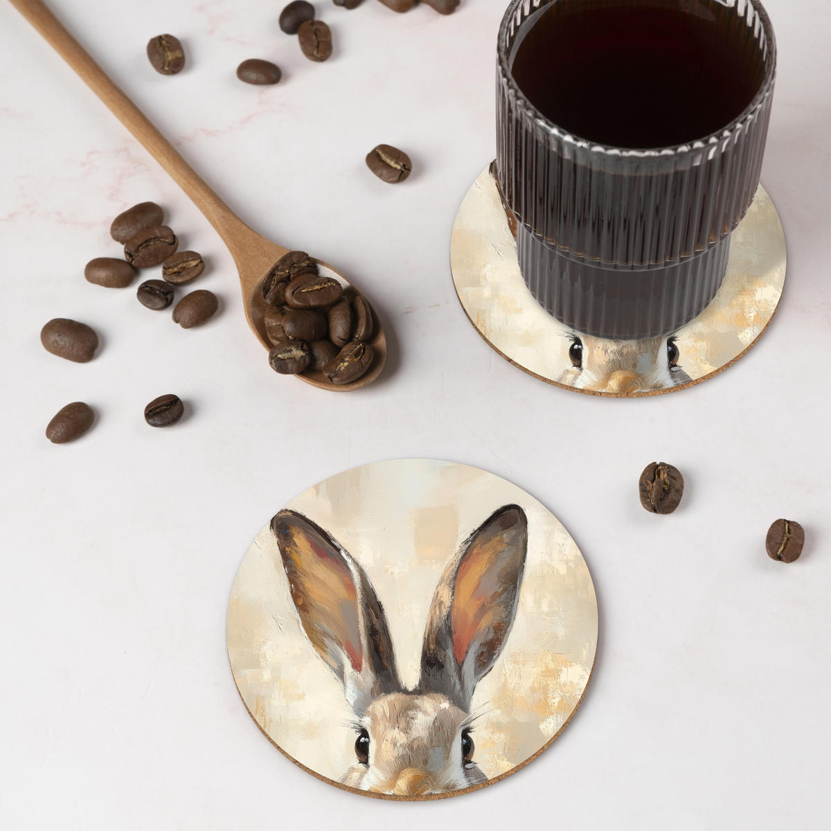 GLASUNTERSETZER Hase - Ohren - Braun 10x10 cm - Beige, Naturmaterialien (10/0.2cm) - MuchoWow