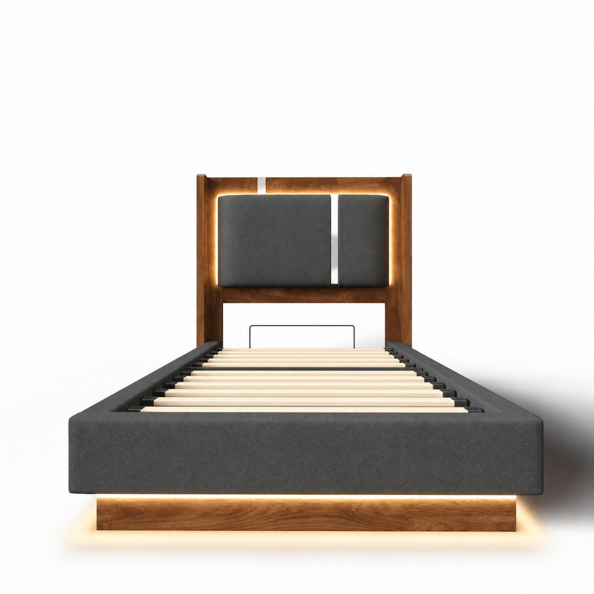 BOXBETT mit Bettkasten & LED, Leinenstoff, hochklappbar mit Lattenrost, 90x200cm, Grau - Grau, Holz/Textil (90/200cm) - LVHOM