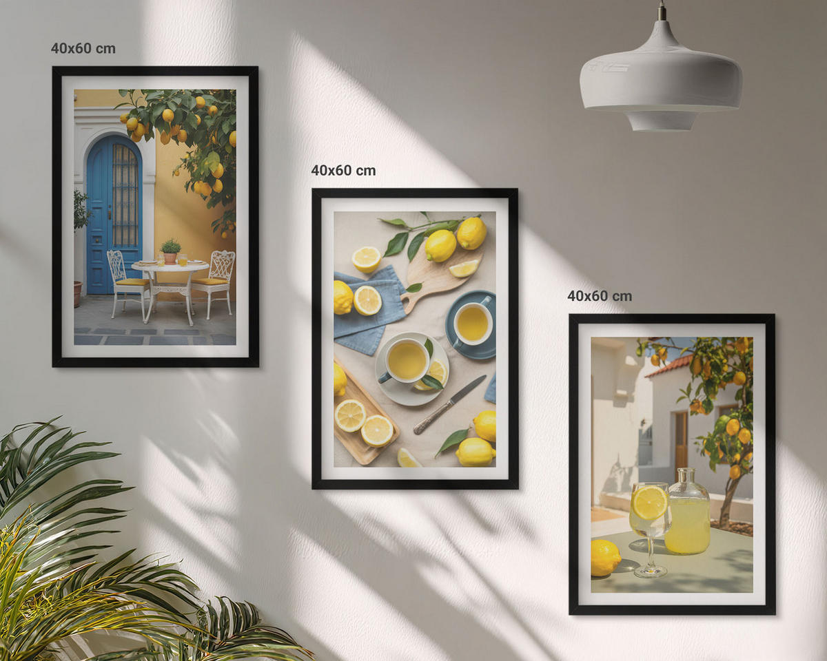 BILDER SET 3er Set - 40x60 cm Schwarzer Rahmen - Zitronenlimonade blaue Tür - Schwarz, Kunststoff (40/60cm) - TULUP