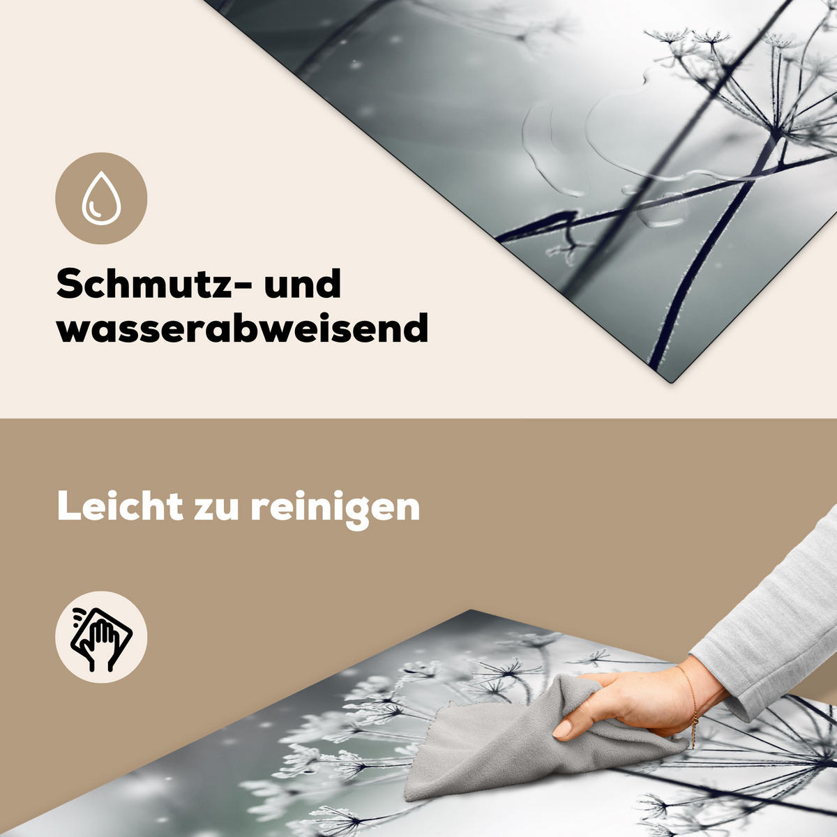 HERDABDECKPLATTE Blumen - Winter - Schnee - Natur Induktionsmatte 78x78 cm - Grau, Kunststoff (78/78/0.2cm) - MuchoWow