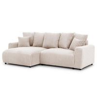 ECKSOFA Calma mit Schlaffunktion und Bettkasten im Bumpy-Design aus weichem Hellbeige Plüschcord - Ottomane links - Beige/Schwarz, Holz/Kunststoff (239/140cm) - S-Style