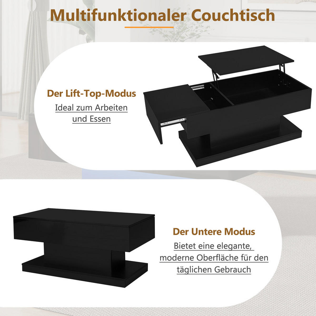 COUCHTISCH 100x50cm Schwarz Hochglanz LED Hydraulik Lift Verschiebbar - Schwarz, Holz (109.75/59.66/14.5cm) - FLIEKS