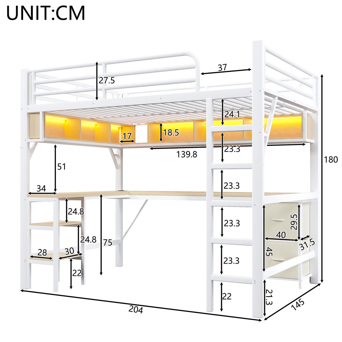 HOCHBETT 140/200 cm weiß aus Metall mit Schreibtisch mit LED und USB - Weiß, Holzwerkstoff (140/200cm) - OKWISH