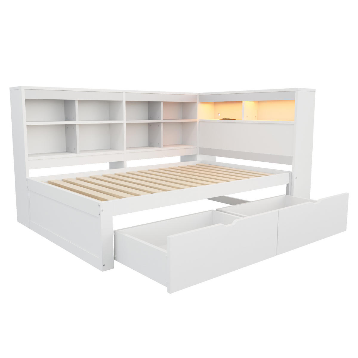 BETT Massivholzsofa 90/200 cm Weiß mit USB- und Steckdose und LED-Beleuchtung - Weiß, Holzwerkstoff (90/200cm) - OKWISH