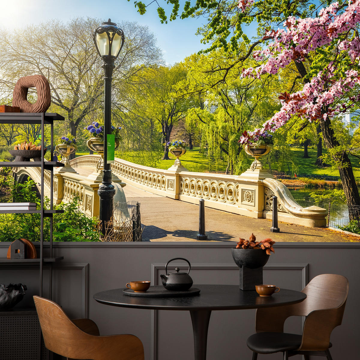 FOTOTAPETE für Wohnzimmer Historische Brücke Park Bäume Blumen 500x350 - Gelb/Beige, Papier (500/350cm) - Muralo