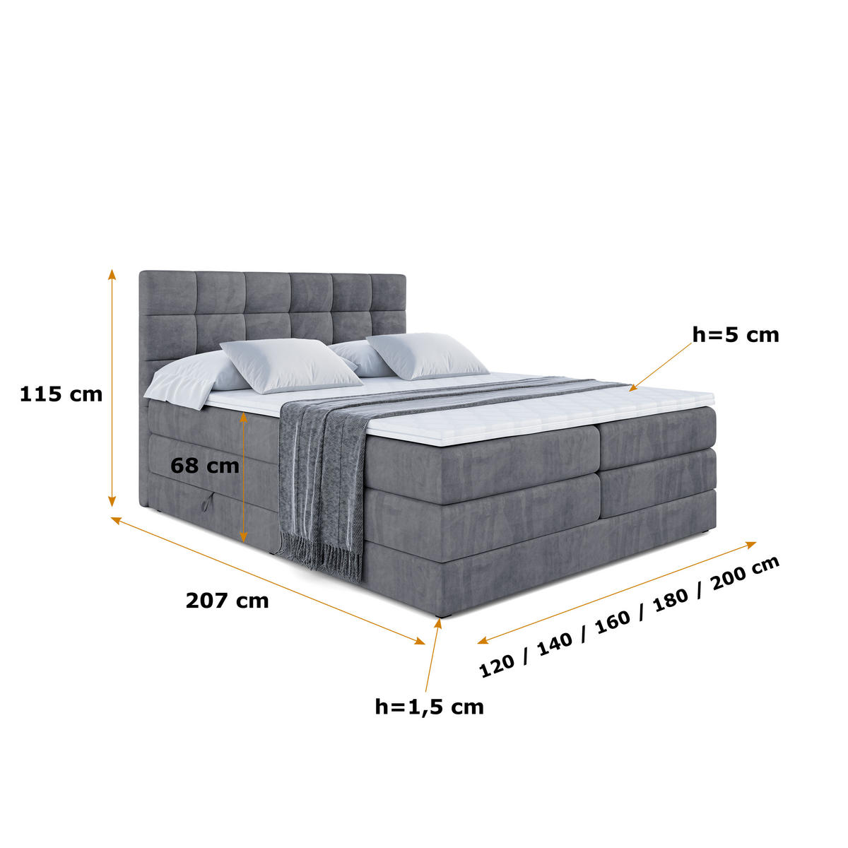 BOXSPRINGBETT BRUGO KING - 200 x 200 - H3/H4 - Dunkelgrau - Dunkelgrau, Holzwerkstoff (200/200cm) - ALTDECOR