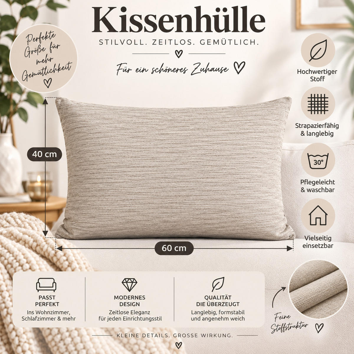 KISSENBEZUG Canada 40/60 cm meliert Beige - Beige, Textil (40/60cm) - TiborTex