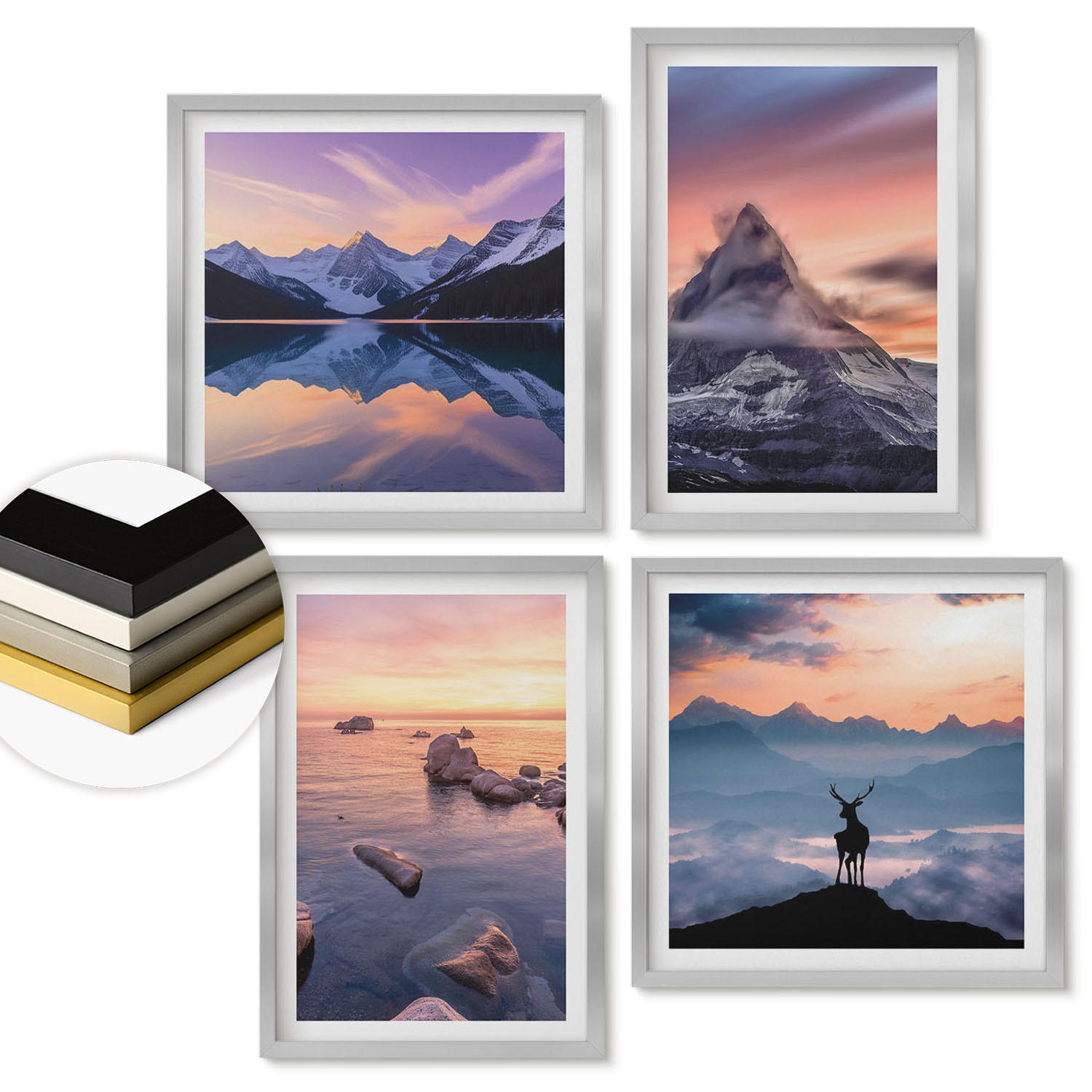 WANDBILDER 4er Set - 50x50 cm & 40x60 cm Silberner Rahmen - Landschaften Berge Seen jelen - Silberfarben, Kunststoff (50/50cm) - ArtPrintCave