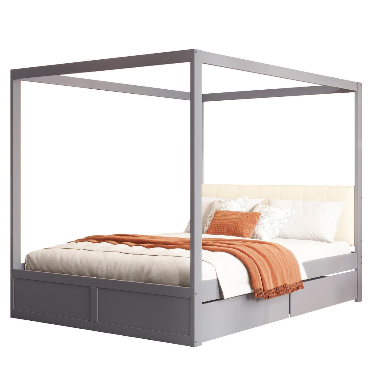 HIMMELBETT aus Holz 140x200 cm Weiß/Grau mit gepolsterter Rückenlehne und 2 Schubladen - Grau, Holzwerkstoff (140/200cm) - Modfu
