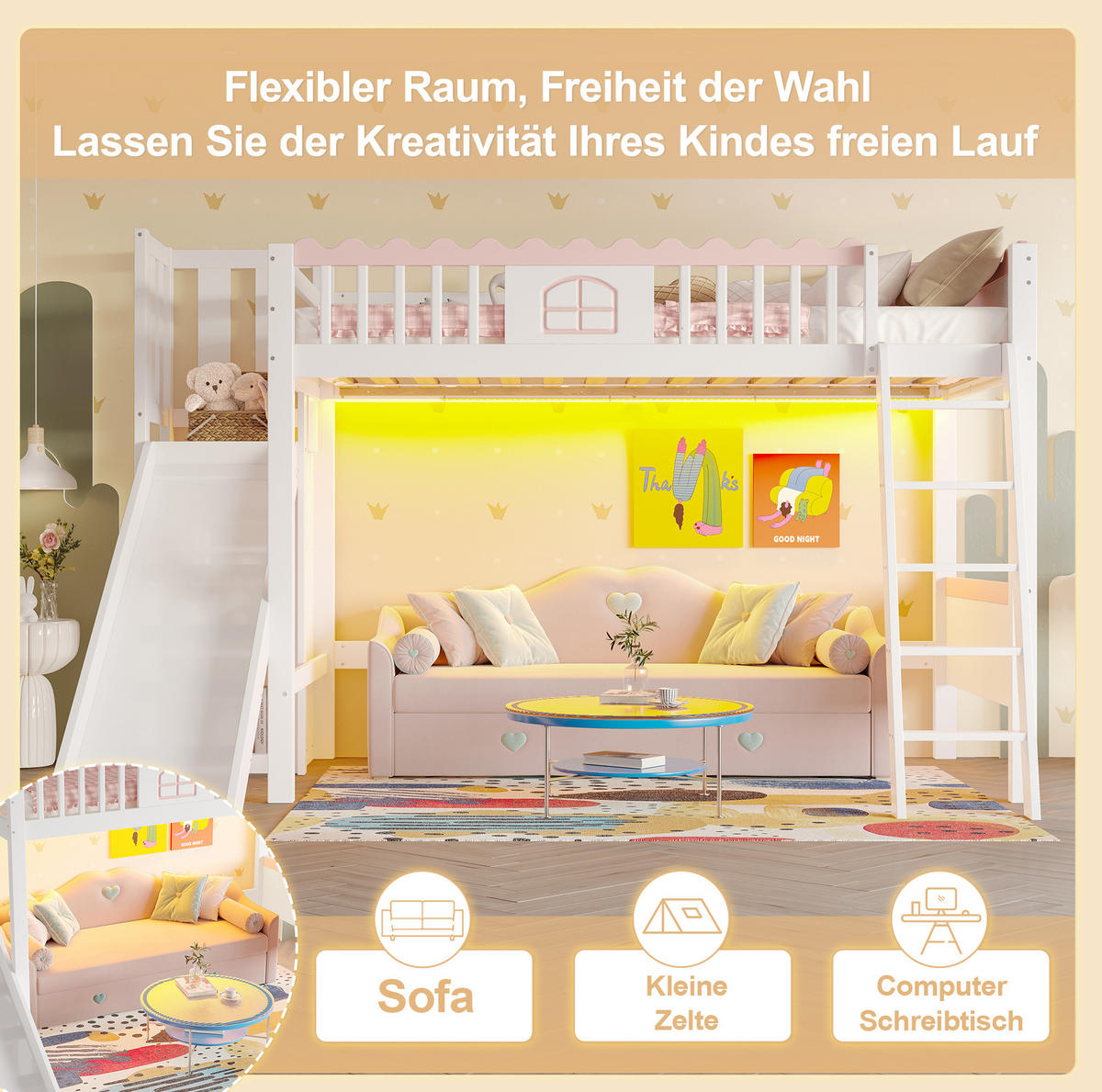 HOCHBETT 90/200 cm in Weiß mit Rutsche, Regalen und LED-Beleuchtung - Weiß, Holz (90/200cm) - Flora Grace