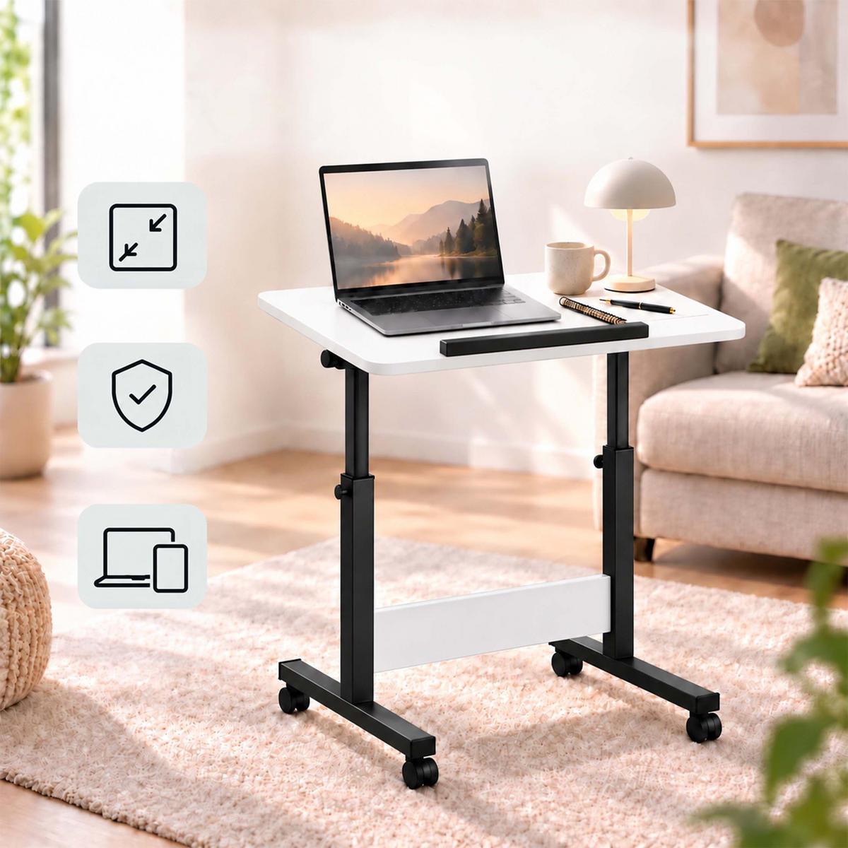 MASĂ Neagră reglabilă pe înălțime cu roți blat înclinabil formă C 67-90 cm - negru, material plastic/compozit lemnos (40/60/90cm) - Relaxdays