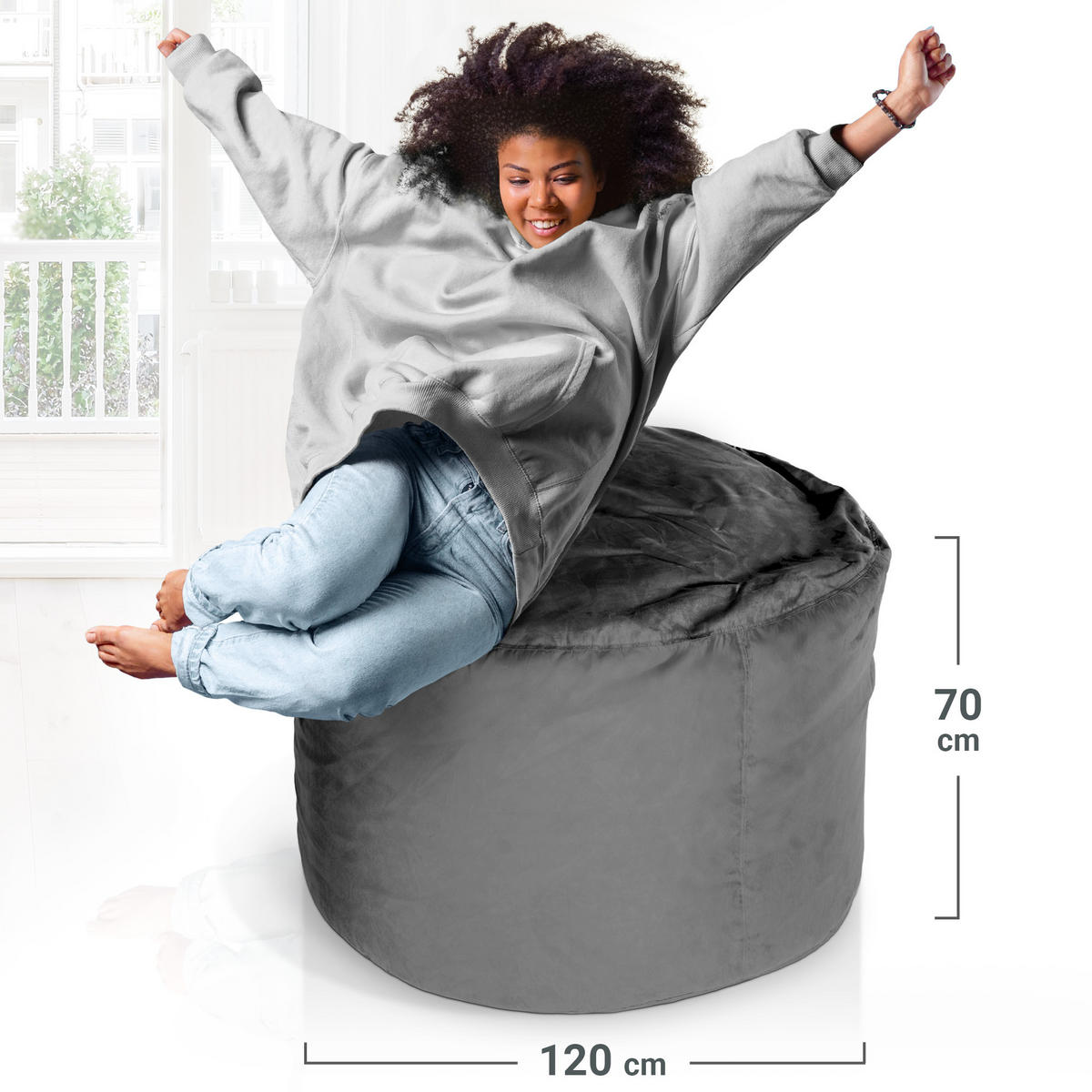RIESEN-SITZSACK XXL JUMBO Velours 4ft - Dunkelgrau, Textil (120/70/120cm) - Green Bean