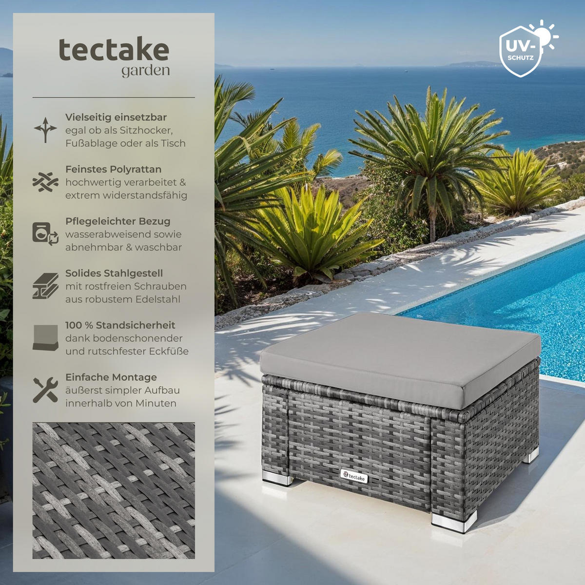 RATTAN-SITZHOCKER Bitonto,53 x 53 x 26 cm, grau - Grau, Kunststoff (53/26/53cm) - tectake