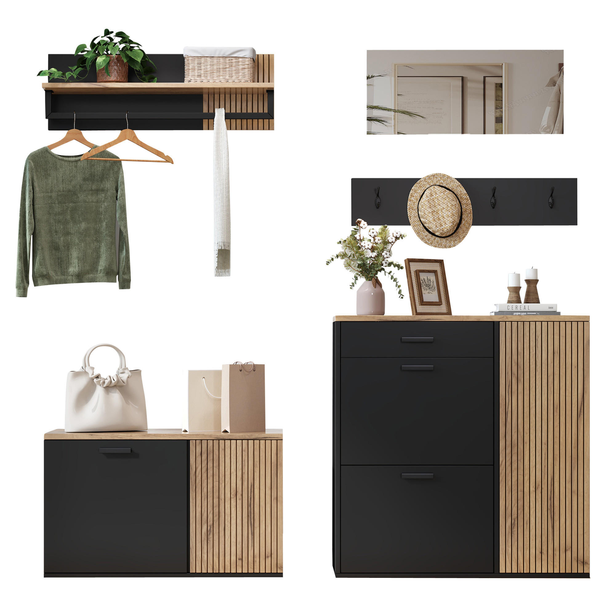 DIELEN-SCHUHSCHRANK-SET in Natur/Schwarz mit Schuhbank, 2 Klappen und Stauraum - Naturfarben, Holzwerkstoff (85/85/36cm) - BEAOK