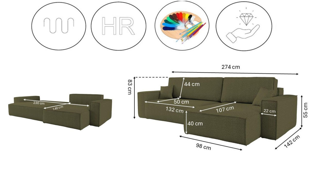 ECKSOFA Mit Schlaffunktion Und Bettkasten, Eckcouch BEST XL Stoff Quelle Olive Rechts - Schwarz/Olivgrün, Holz/Kunststoff (142/142cm) - Kaiser Möbel