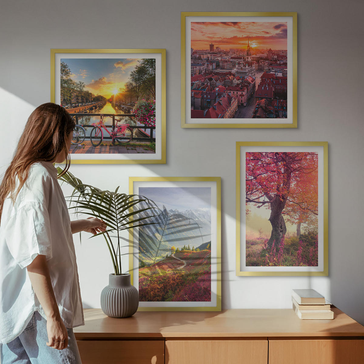 BILDER SET 4er Set - 50x50 cm & 40x60 cm Goldrahmen - Berglandschaften mit dem Fahrrad - Goldfarben, Kunststoff (50/50cm) - TULUP